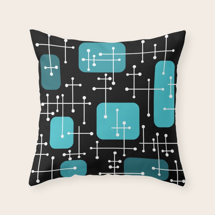 1950s Eames Era Art Crosshairs Black Teal Blue Throw Pillow Gallery Image 1