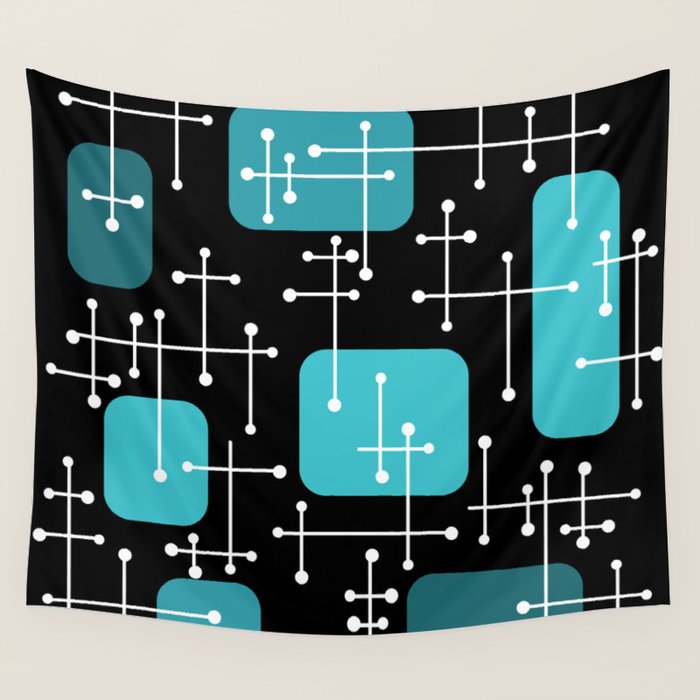 1950s Eames Era Art Crosshairs Black Teal Blue Wall Tapestry Gallery Image 4