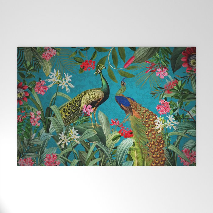 Vintage Tropical Peacock Bird Rainforest Jungle  Welcome Mat Gallery Image 1
