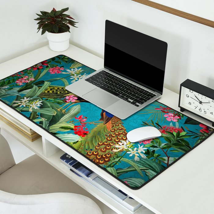 Vintage Tropical Peacock Bird Rainforest Jungle  Desk Mat Gallery Image 2