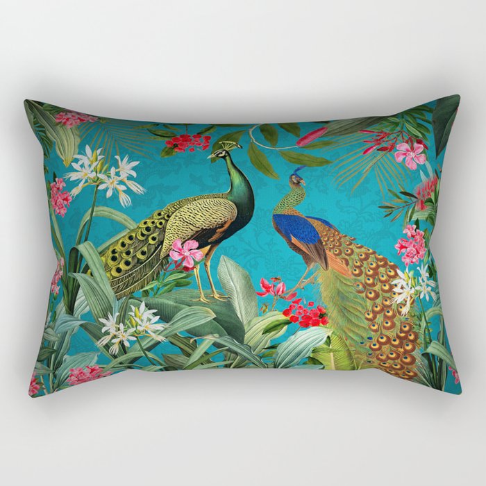 Vintage Tropical Peacock Bird Rainforest Jungle  Rectangular Pillow Gallery Image 1