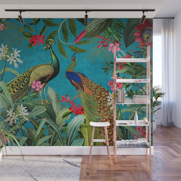 Vintage Tropical Peacock Bird Rainforest Jungle  Wall Mural Gallery Image 1