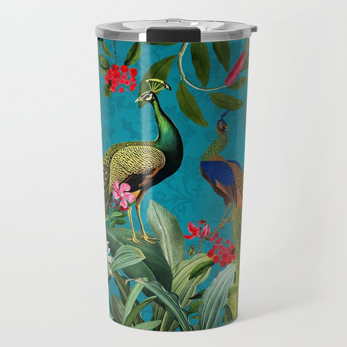 Vintage Tropical Peacock Bird Rainforest Jungle  Travel Mug Gallery Image 1