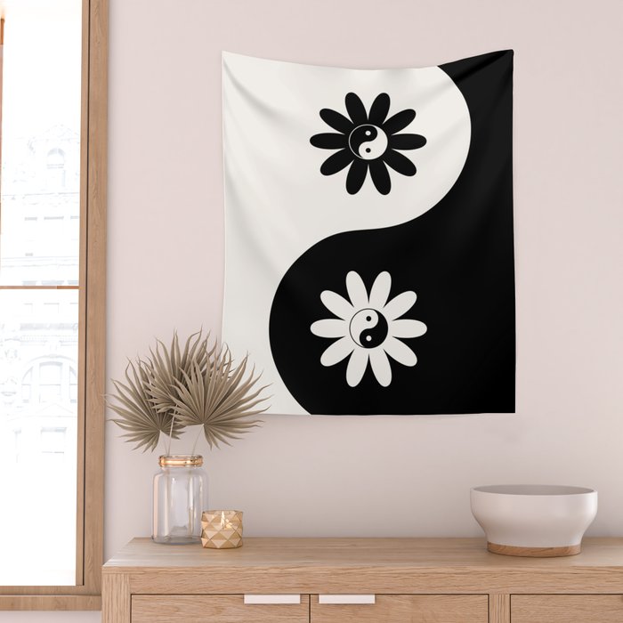 Yin Yang Flower in Black & White Wall Tapestry Gallery Image 2