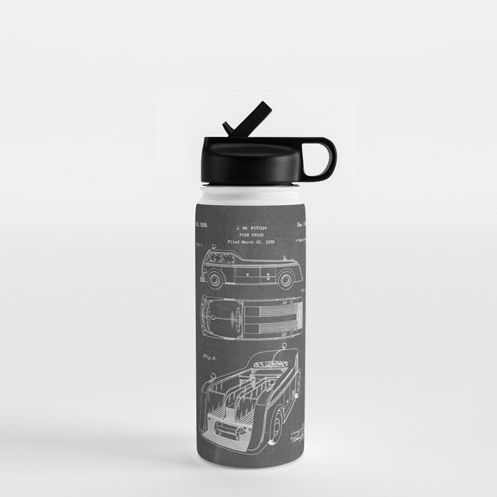 Fire Truck Patent - Fireman Art - Black Chalkboard Water Bottle Gallery Image 1