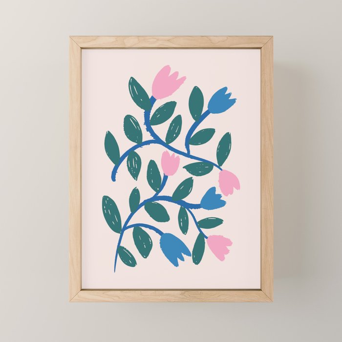 Simple Floral - Blue, Pink and Green Mini Art Print Gallery Image 1
