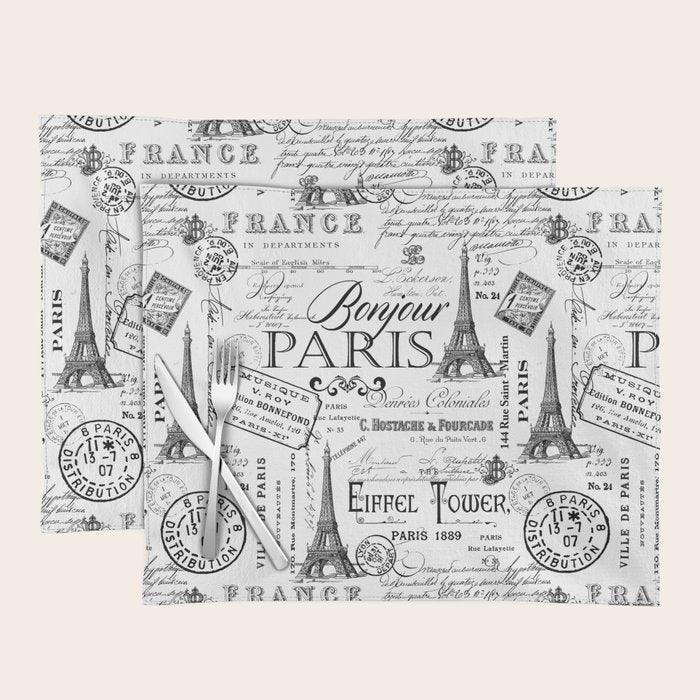 Vintage Paris Black And White Nostalgic Pattern Placemat Gallery Image 1