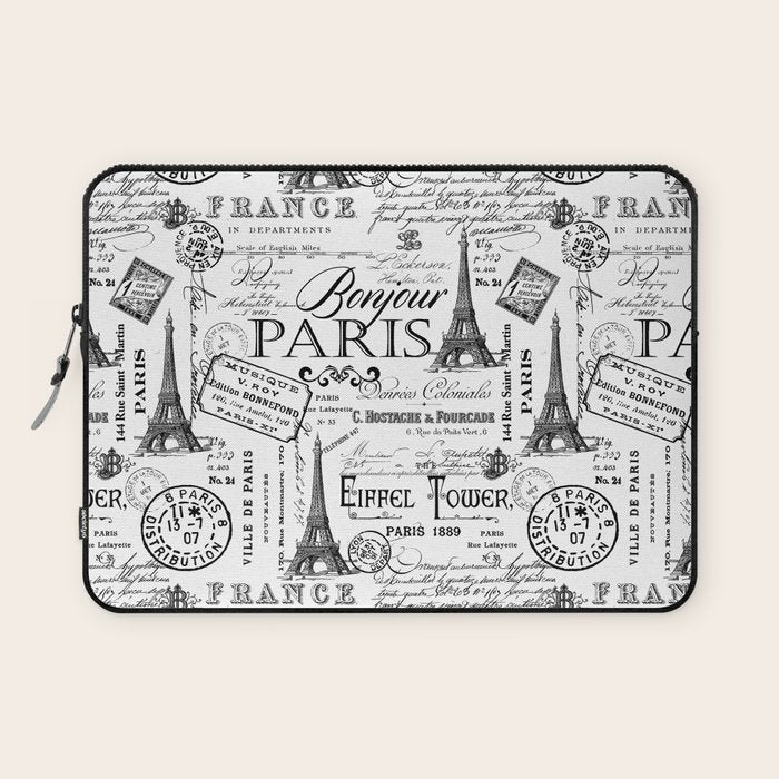 Vintage Paris Black And White Nostalgic Pattern Laptop Sleeve Gallery Image 1