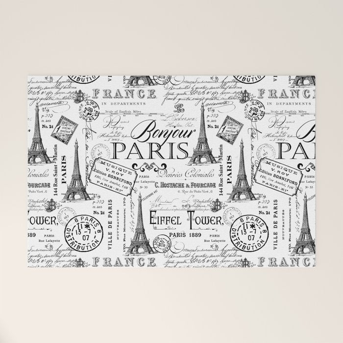 Vintage Paris Black And White Nostalgic Pattern Welcome Mat Gallery Image 1