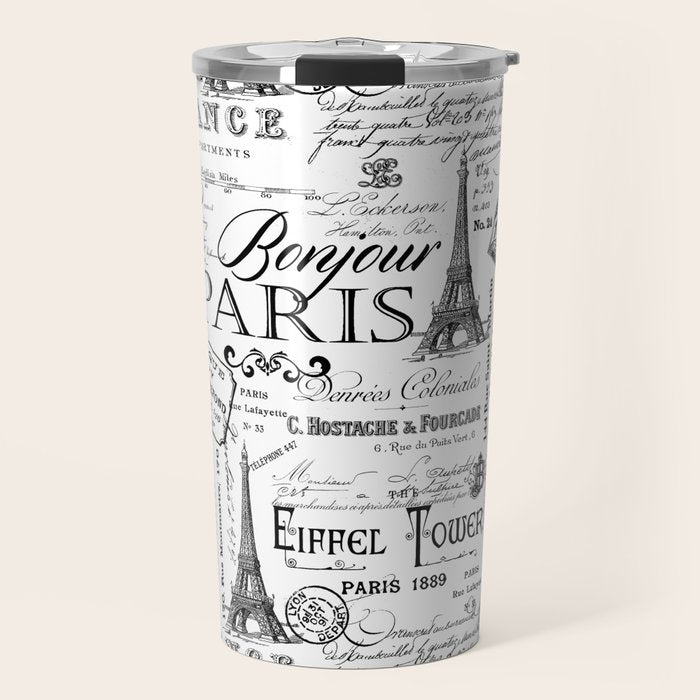 Vintage Paris Black And White Nostalgic Pattern Travel Mug Gallery Image 1