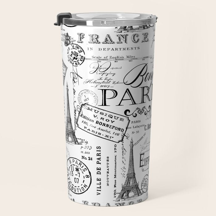 Vintage Paris Black And White Nostalgic Pattern Travel Mug Gallery Image 3
