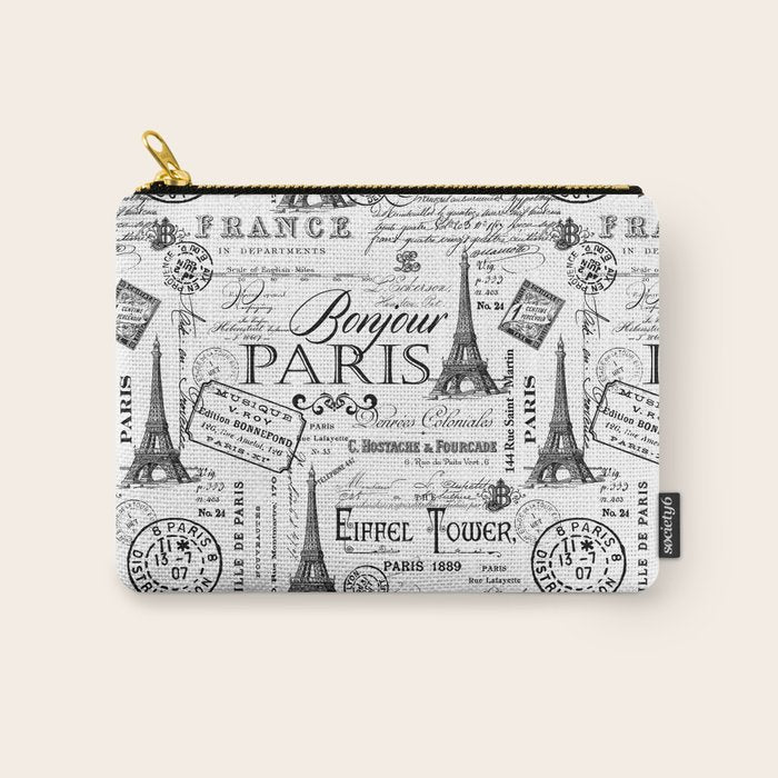 Vintage Paris Black And White Nostalgic Pattern Carry All Pouch Gallery Image 1
