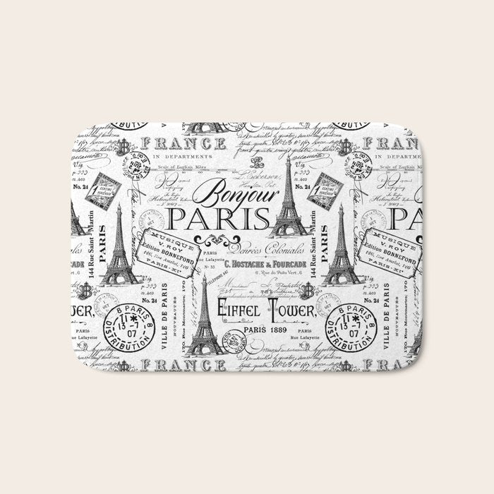 Vintage Paris Black And White Nostalgic Pattern Bath Mat Gallery Image 1
