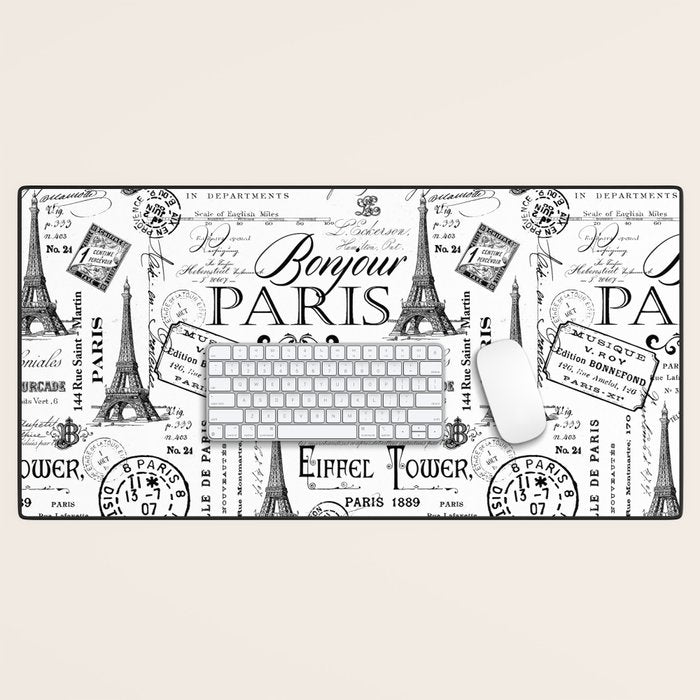 Vintage Paris Black And White Nostalgic Pattern Desk Mat Gallery Image 1