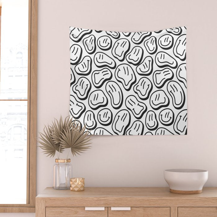 Black and white happy face pattern Wall Tapestry Gallery Image 2