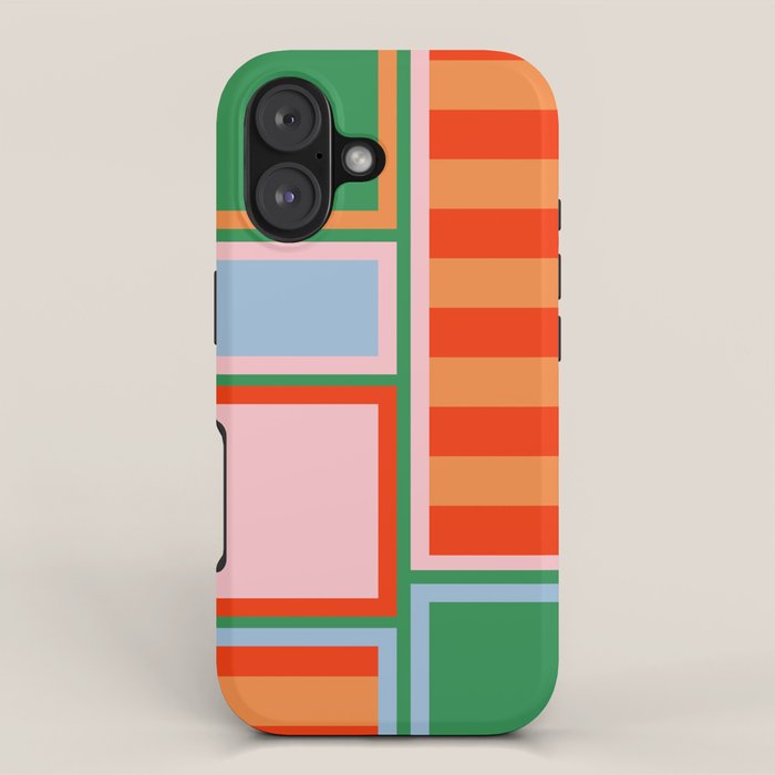 Striped Modular Bold & Colorful Geometric Pattern in Orange Green Light Blue Pink iPhone Case Gallery Image 1