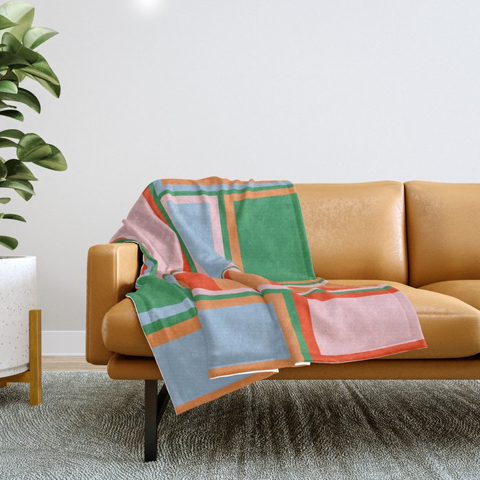 Striped Modular Bold & Colorful Geometric Pattern in Orange Green Light Blue Pink Throw Blanket Gallery Image 1