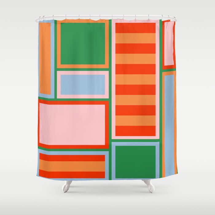Striped Modular Bold & Colorful Geometric Pattern in Orange Green Light Blue Pink Shower Curtain Gallery Image 1