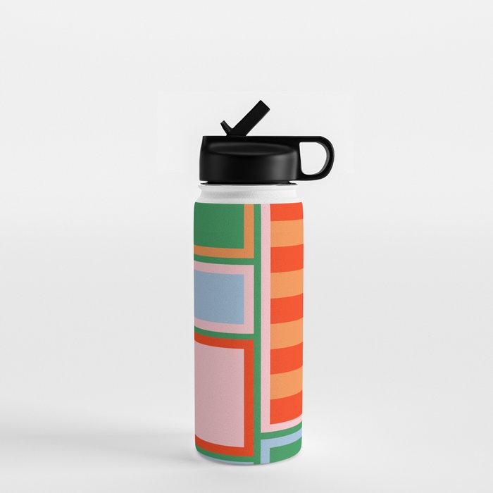 Striped Modular Bold & Colorful Geometric Pattern in Orange Green Light Blue Pink Water Bottle Gallery Image 1