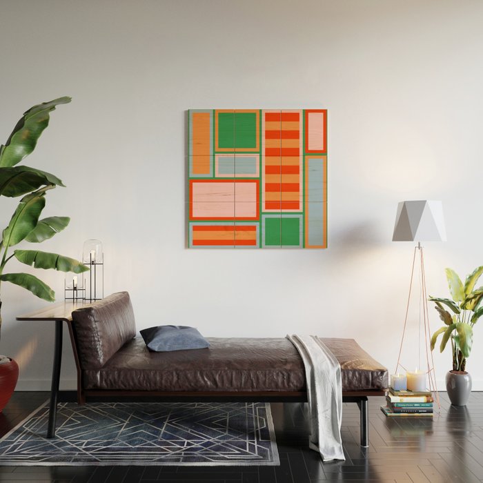 Striped Modular Bold & Colorful Geometric Pattern in Orange Green Light Blue Pink Wood Wall Art Gallery Image 2