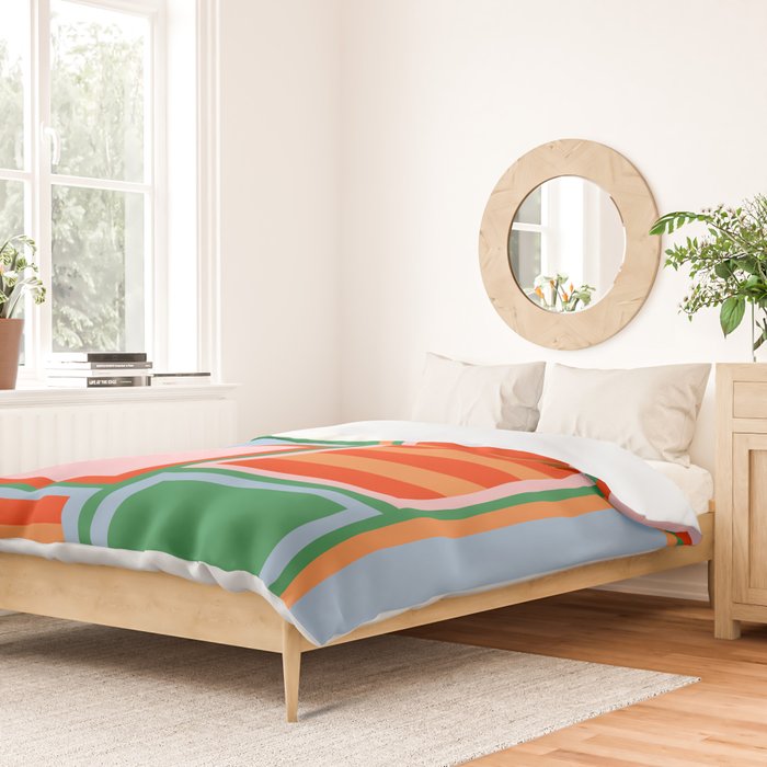 Striped Modular Bold & Colorful Geometric Pattern in Orange Green Light Blue Pink Duvet Cover Gallery Image 2