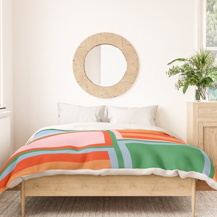 Striped Modular Bold & Colorful Geometric Pattern in Orange Green Light Blue Pink Duvet Cover Gallery Image 3