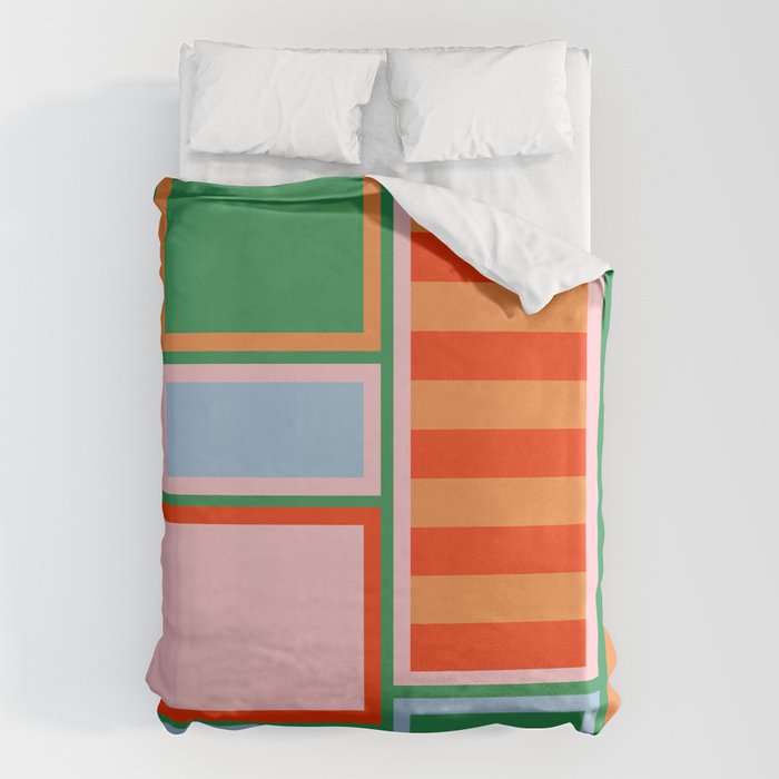 Striped Modular Bold & Colorful Geometric Pattern in Orange Green Light Blue Pink Duvet Cover Gallery Image 1