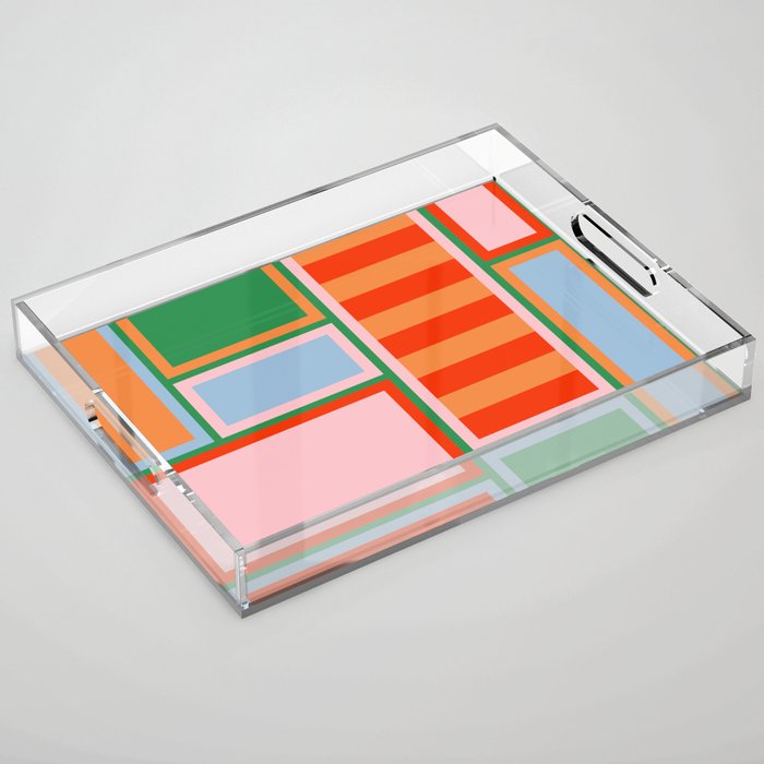 Striped Modular Bold & Colorful Geometric Pattern in Orange Green Light Blue Pink Acrylic Tray Gallery Image 1