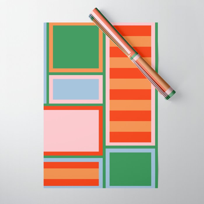 Striped Modular Bold & Colorful Geometric Pattern in Orange Green Light Blue Pink Wrapping Paper Gallery Image 1