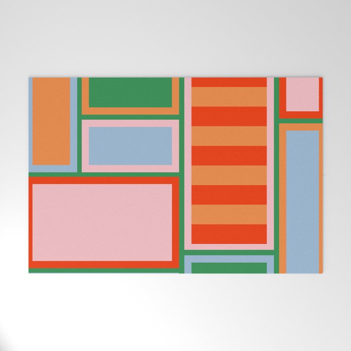 Striped Modular Bold & Colorful Geometric Pattern in Orange Green Light Blue Pink Welcome Mat Gallery Image 1