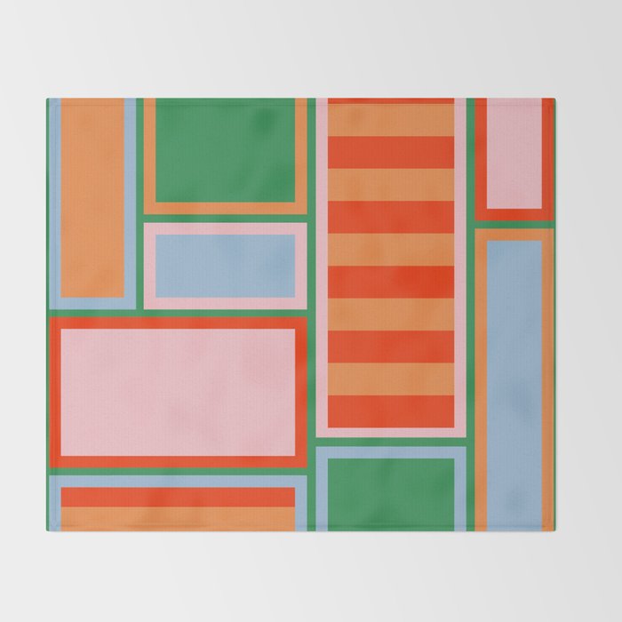 Striped Modular Bold & Colorful Geometric Pattern in Orange Green Light Blue Pink Throw Blanket Gallery Image 2