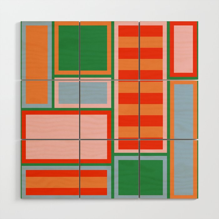 Striped Modular Bold & Colorful Geometric Pattern in Orange Green Light Blue Pink Wood Wall Art Gallery Image 1