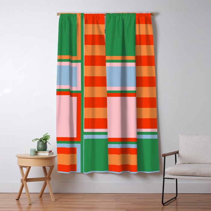 Striped Modular Bold & Colorful Geometric Pattern in Orange Green Light Blue Pink Window Curtain Gallery Image 5