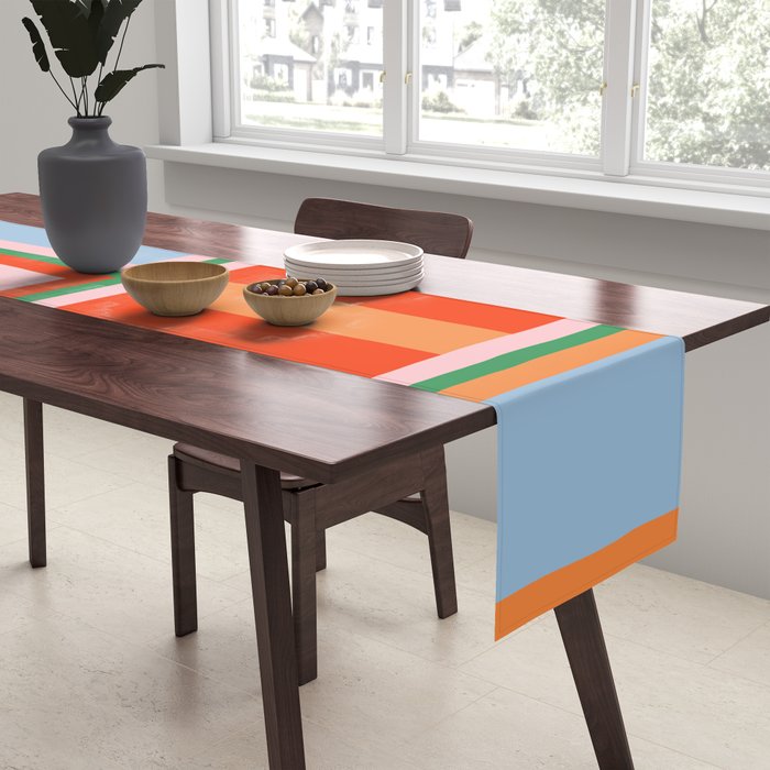 Striped Modular Bold & Colorful Geometric Pattern in Orange Green Light Blue Pink Table Runner Gallery Image 2