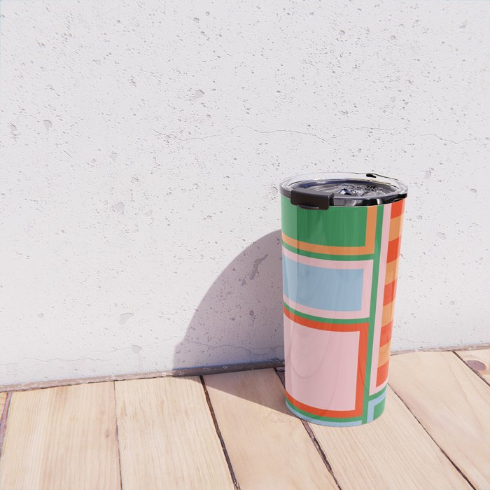 Striped Modular Bold & Colorful Geometric Pattern in Orange Green Light Blue Pink Travel Mug Gallery Image 4