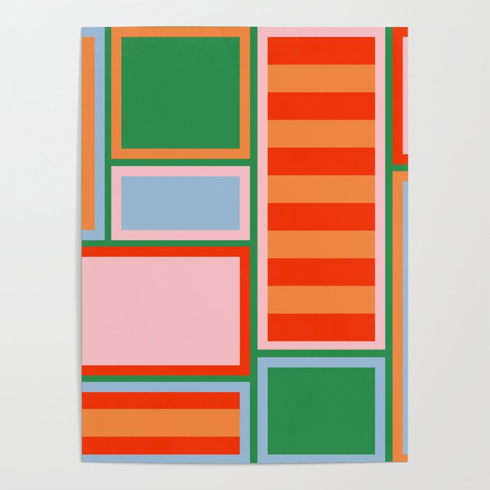 Striped Modular Bold & Colorful Geometric Pattern in Orange Green Light Blue Pink Poster Gallery Image 4