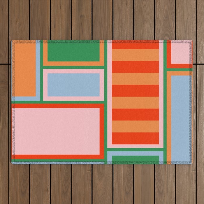Striped Modular Bold & Colorful Geometric Pattern in Orange Green Light Blue Pink Outdoor Rug Gallery Image 1