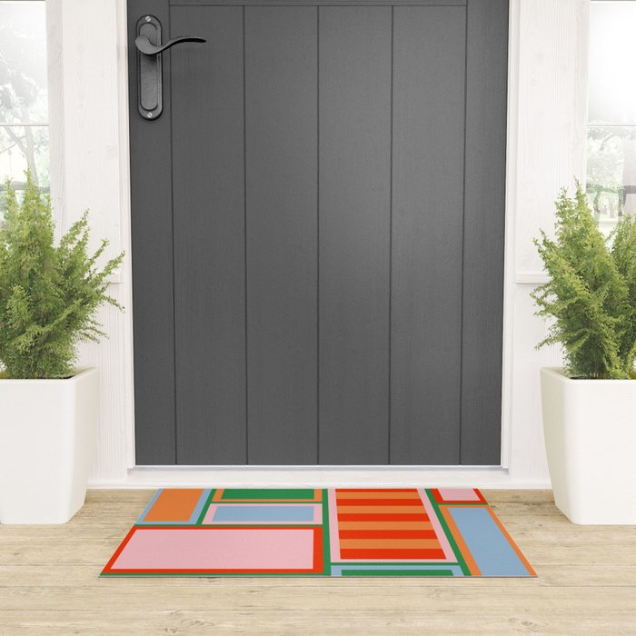 Striped Modular Bold & Colorful Geometric Pattern in Orange Green Light Blue Pink Welcome Mat Gallery Image 3