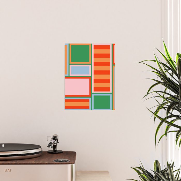 Striped Modular Bold & Colorful Geometric Pattern in Orange Green Light Blue Pink Poster Gallery Image 2