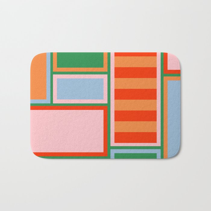 Striped Modular Bold & Colorful Geometric Pattern in Orange Green Light Blue Pink Bath Mat Gallery Image 1