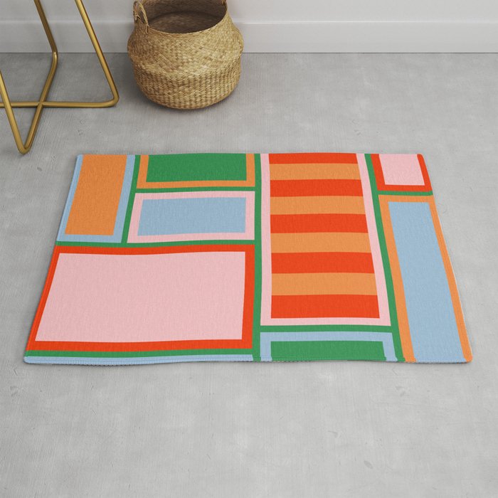 Striped Modular Bold & Colorful Geometric Pattern in Orange Green Light Blue Pink Rug Gallery Image 1