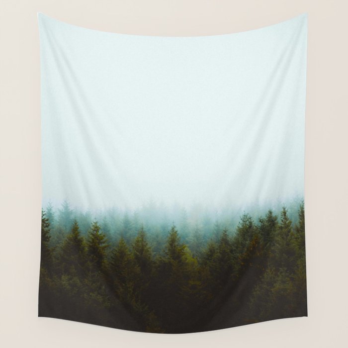 Landscape Pine Forest Green Evergreen Trees Minimalist Simple Landscape Wall Tapestry Gallery Image 1