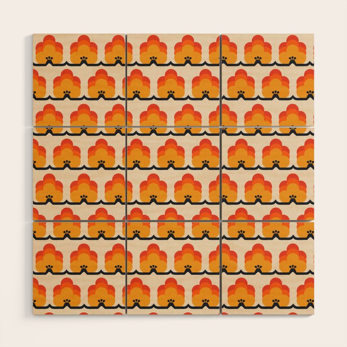 Retro Cloud Stripe 70s Floral Pattern Wood Wall Art Gallery Image 1