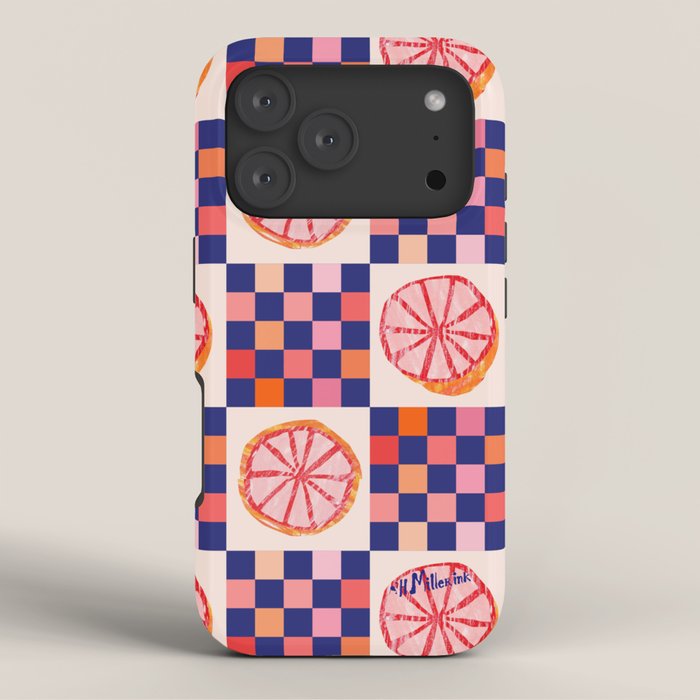 Checkered Sliced Citrus Fruit in Navy & Peachy Pink iPhone Case Gallery Image 3