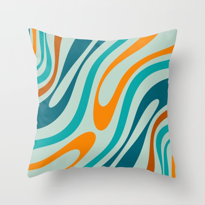 Wavy Loops Retro Abstract Pattern in Teal Aqua Orange Throw Pillow Gallery Image 1