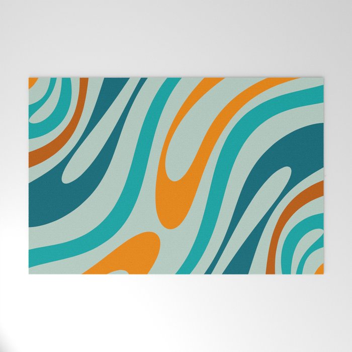 Wavy Loops Retro Abstract Pattern in Teal Aqua Orange Welcome Mat Gallery Image 1