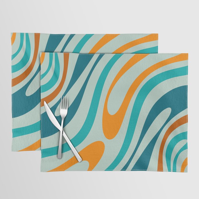Wavy Loops Retro Abstract Pattern in Teal Aqua Orange Placemat Gallery Image 1