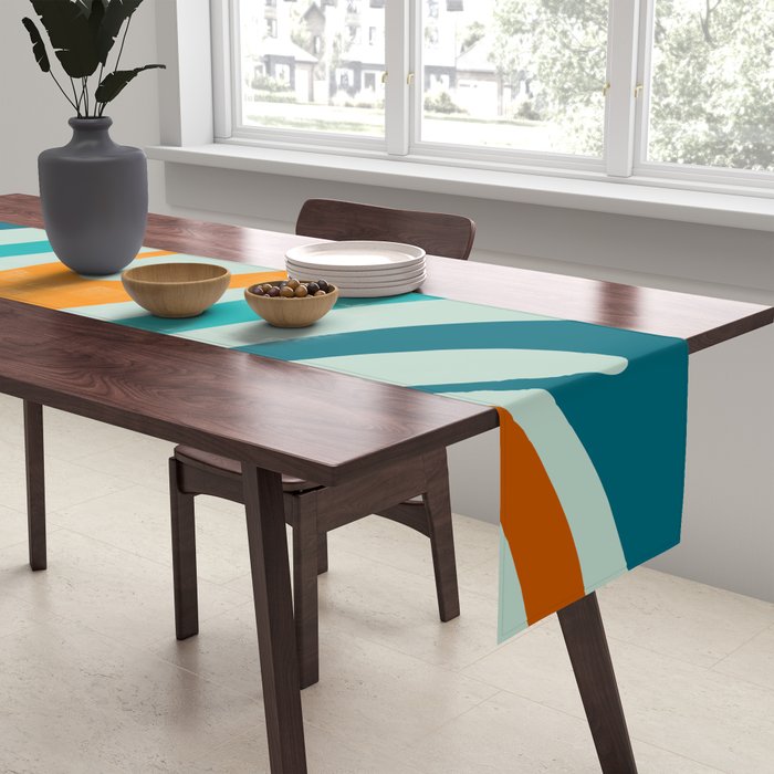 Wavy Loops Retro Abstract Pattern in Teal Aqua Orange Table Runner Gallery Image 2