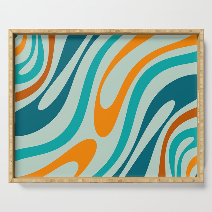 Wavy Loops Retro Abstract Pattern in Teal Aqua Orange Serving Tray Gallery Image 1