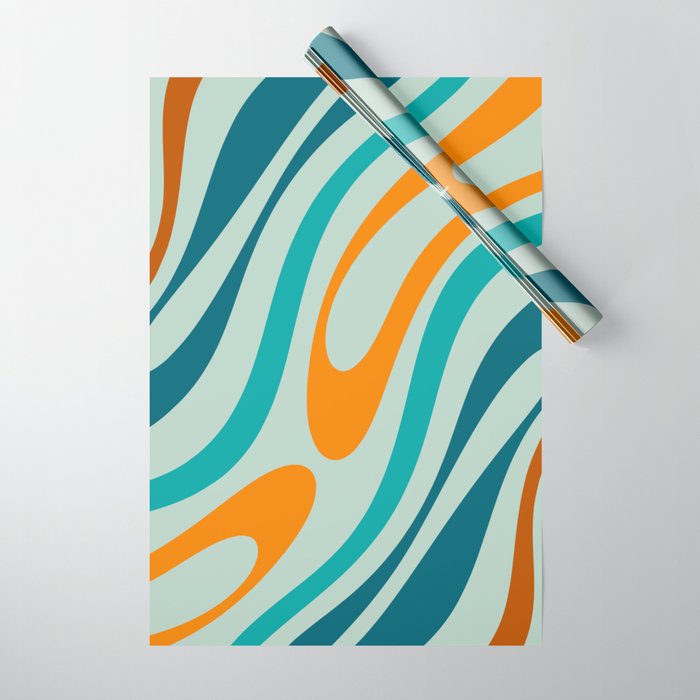 Wavy Loops Retro Abstract Pattern in Teal Aqua Orange Wrapping Paper Gallery Image 1